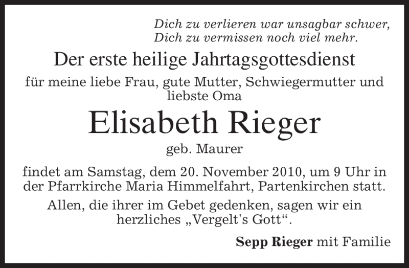 Traueranzeigen Von Elisabeth Rieger | Trauer.merkur.de