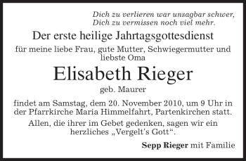 Traueranzeige von Elisabeth Rieger von MERKUR & TZ