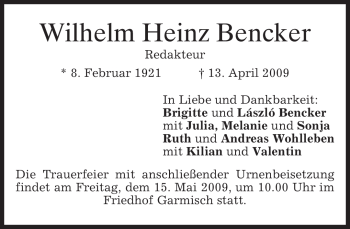 Traueranzeige von Wilhelm Heinz Bencker von MERKUR & TZ