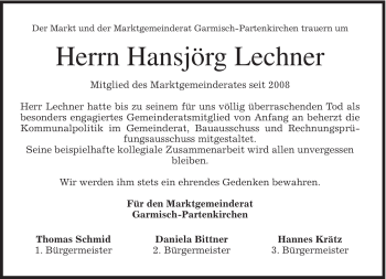 Traueranzeige von Hansjörg Lechner von MERKUR & TZ