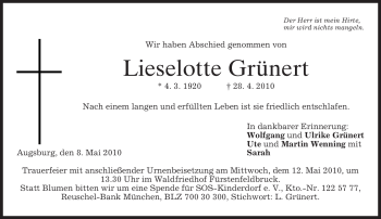 Traueranzeige von Lieselotte Grünert von MERKUR & TZ