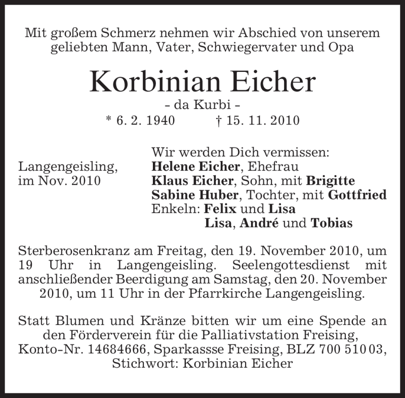  Traueranzeige für Korbinian Eicher vom 18.11.2010 aus MERKUR & TZ