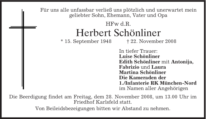 Traueranzeige für Herbert Schönliner vom 26.11.2008 aus MERKUR & TZ