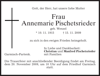 Traueranzeige von Annemarie Pischetsrieder von MERKUR & TZ