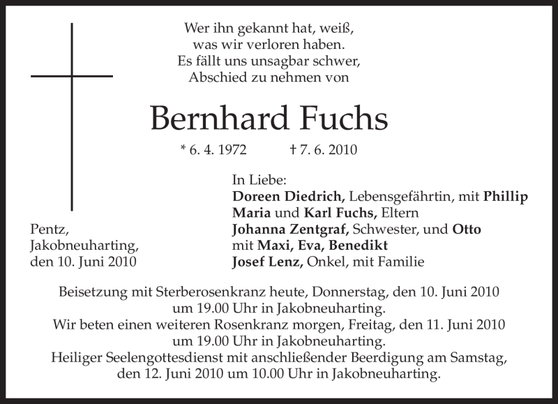  Traueranzeige für Bernhard Fuchs vom 10.06.2010 aus MERKUR & TZ