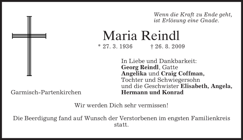  Traueranzeige für Maria Reindl vom 03.09.2009 aus MERKUR & TZ