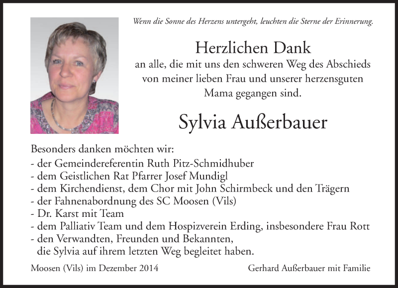  Traueranzeige für Sylvia Außerbauer vom 24.12.2014 aus merkurtz