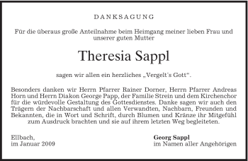 Traueranzeige von Theresia Sappl von MERKUR & TZ