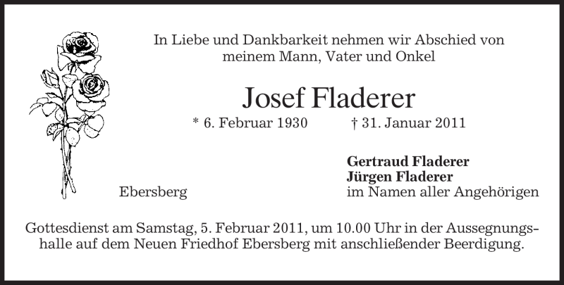  Traueranzeige für Josef Fladerer vom 02.02.2011 aus MERKUR & TZ