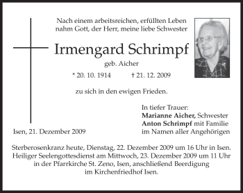 Traueranzeige von Irmengard Schrimpf von MERKUR & TZ