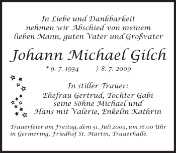 Traueranzeige von Johann Michael Gilch von MERKUR & TZ