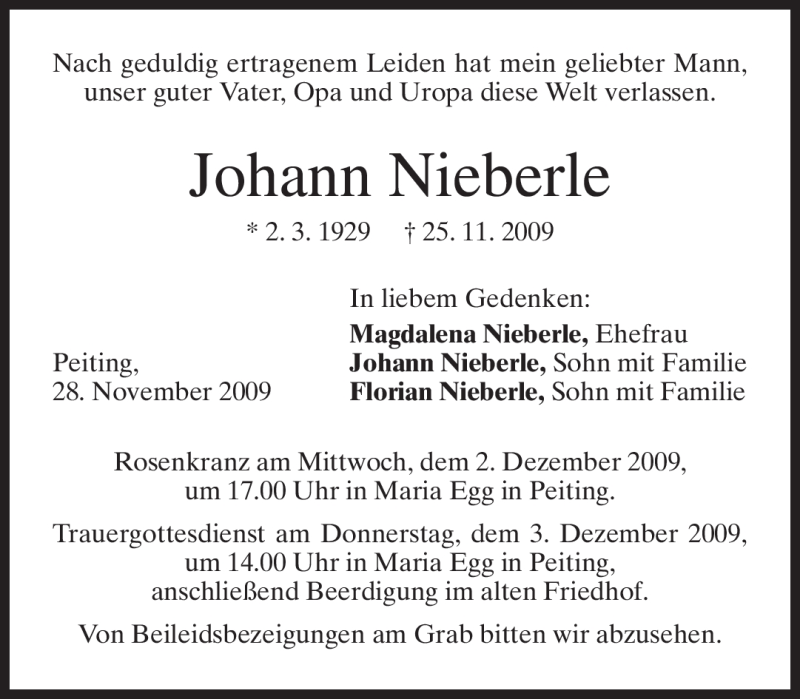  Traueranzeige für Johann Nieberle vom 28.11.2009 aus MERKUR & TZ