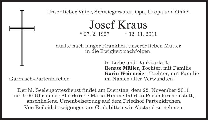  Traueranzeige für Josef Kraus vom 19.11.2011 aus MERKUR & TZ