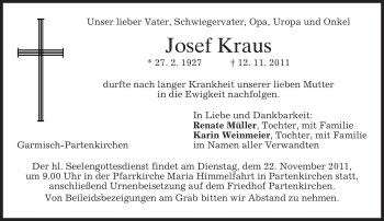 Traueranzeige von Josef Kraus von MERKUR & TZ