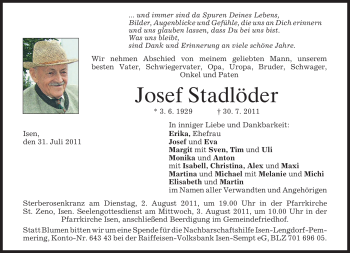 Traueranzeige von Josef Stadlöder von MERKUR & TZ
