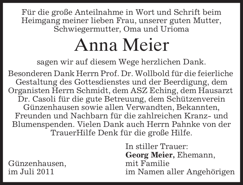 Traueranzeige für Anna Meier vom 09.07.2011 aus MERKUR & TZ