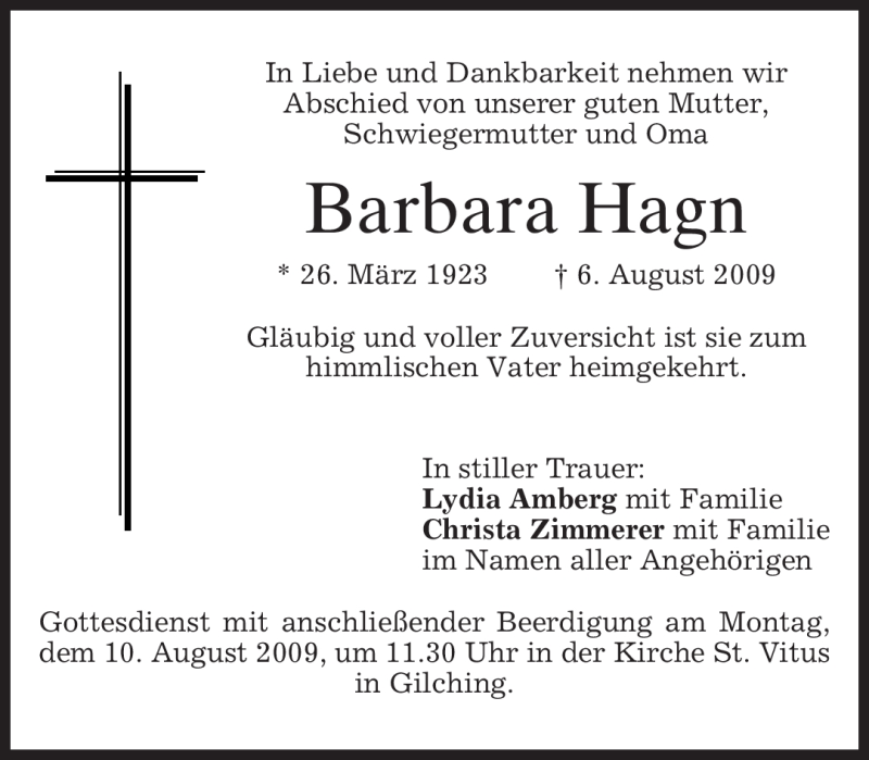  Traueranzeige für Barbara Hagn vom 08.08.2009 aus MERKUR & TZ