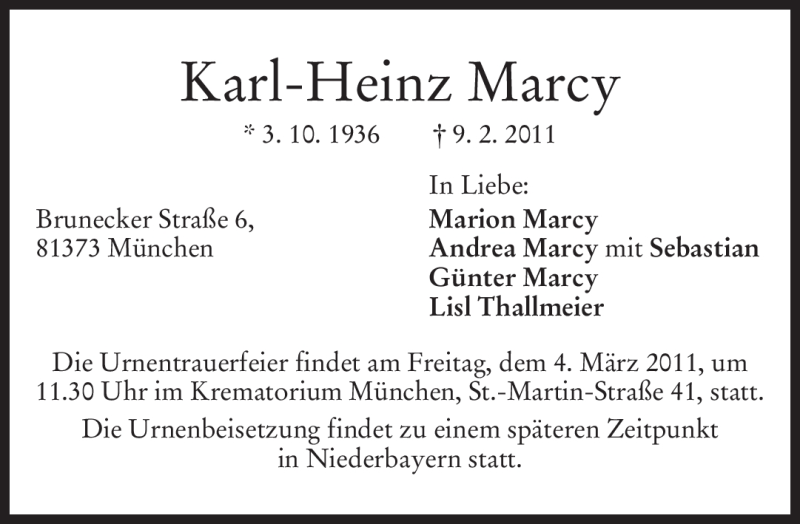  Traueranzeige für Karl-Heinz Marcy vom 19.02.2011 aus MERKUR & TZ