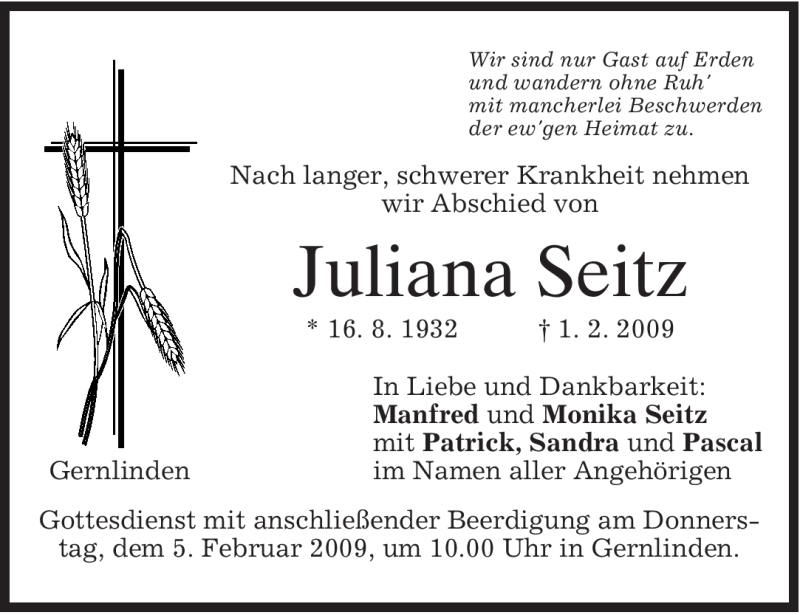  Traueranzeige für Juliana Seitz vom 03.02.2009 aus MERKUR & TZ