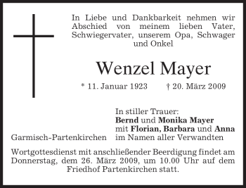 Traueranzeige von Wenzel Mayer von MERKUR & TZ