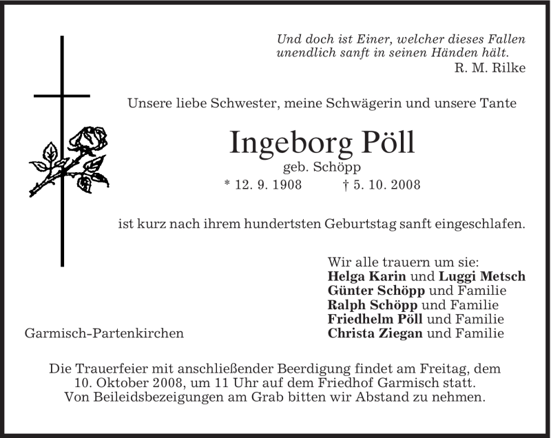  Traueranzeige für Ingeborg Pöll vom 08.10.2008 aus MERKUR & TZ