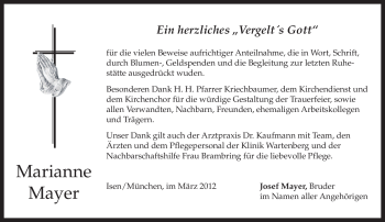 Traueranzeige von Marianne Mayer von MERKUR & TZ