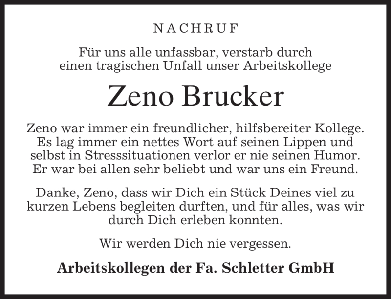  Traueranzeige für Zeno Brucker vom 11.08.2011 aus MERKUR & TZ