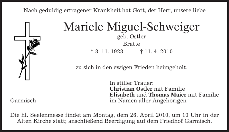  Traueranzeige für Mariele Miguel-Schweiger vom 23.04.2010 aus MERKUR & TZ