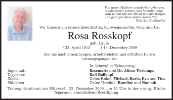 Traueranzeige von Rosa Rosskopf von MERKUR & TZ