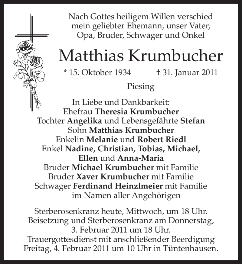  Traueranzeige für Matthias Krumbucher vom 02.02.2011 aus MERKUR & TZ