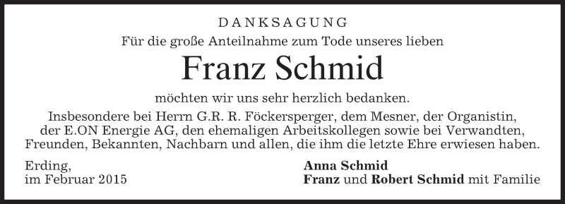  Traueranzeige für Franz Schmid vom 14.02.2015 aus merkurtz