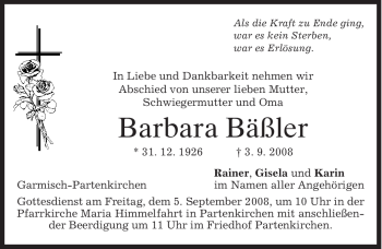 Traueranzeige von Barbara Bäßler von MERKUR & TZ