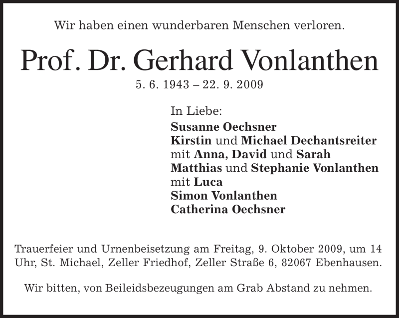  Traueranzeige für Gerhard Vonlanthen vom 29.09.2009 aus MERKUR & TZ