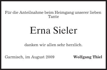 Traueranzeige von Erna Sieler von MERKUR & TZ