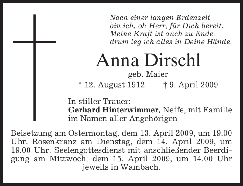  Traueranzeige für Anna Dirschl vom 11.04.2009 aus MERKUR & TZ