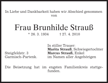 Traueranzeige von Brunhilde Strauß von MERKUR & TZ