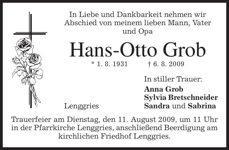  Traueranzeige für Hans-Otto Grob vom 08.08.2009 aus MERKUR & TZ