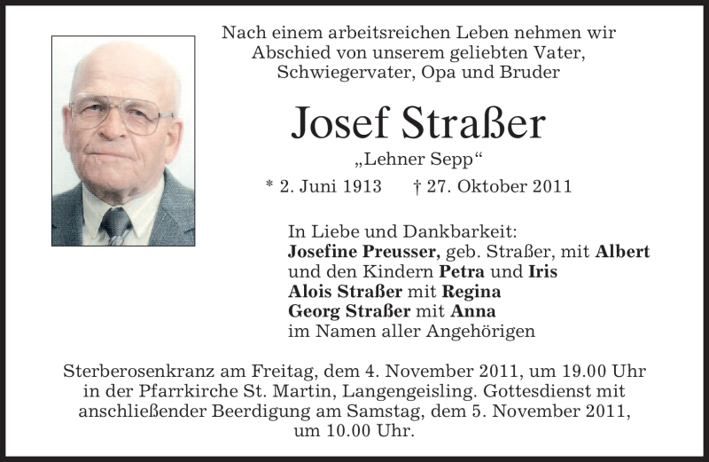  Traueranzeige für Josef Straßer vom 02.11.2011 aus MERKUR & TZ