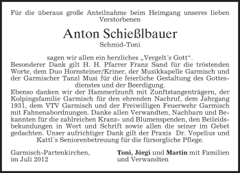 Traueranzeige von Anton Schießlbauer von MERKUR & TZ