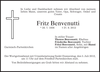Traueranzeige von Fritz Benvenutti von MERKUR & TZ
