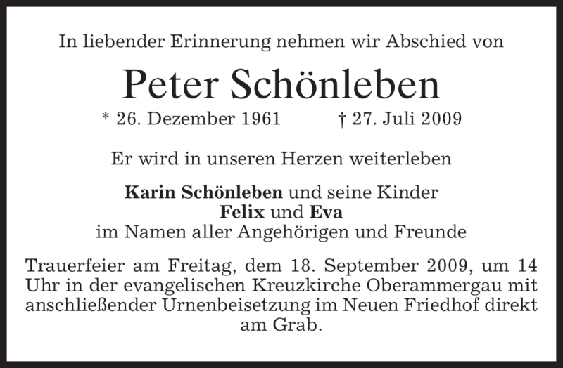  Traueranzeige für Peter Schönleben vom 15.09.2009 aus MERKUR & TZ