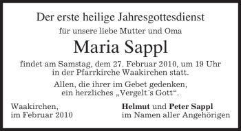 Traueranzeige von Maria Sappl von MERKUR & TZ