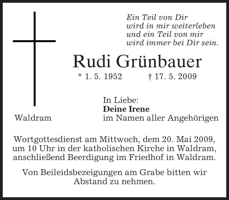  Traueranzeige für Rudolf Grünbauer vom 19.05.2009 aus MERKUR & TZ