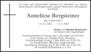 Traueranzeige von Anneliese Bergsteiner von MERKUR & TZ