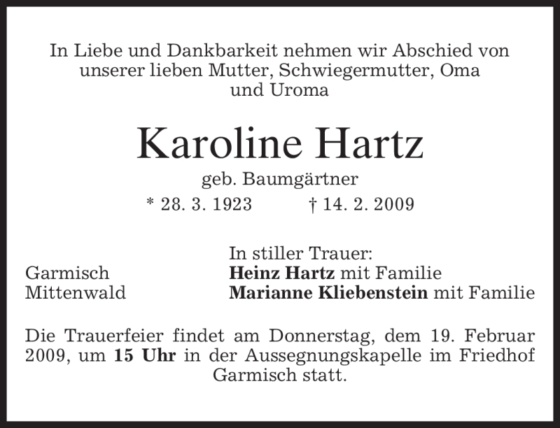  Traueranzeige für Karoline Hartz vom 18.02.2009 aus MERKUR & TZ