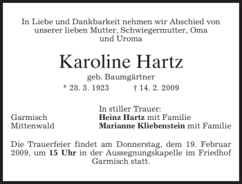 Traueranzeige von Karoline Hartz von MERKUR & TZ