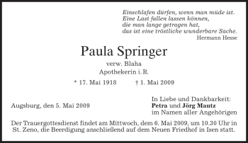 Traueranzeige von Paula Springer von MERKUR & TZ