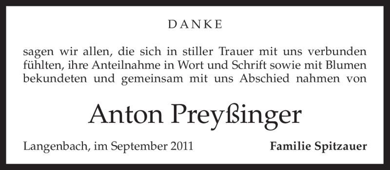  Traueranzeige für Anton Preyßinger vom 24.09.2011 aus MERKUR & TZ
