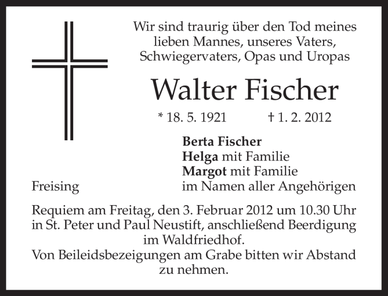  Traueranzeige für Walter Fischer vom 02.02.2012 aus MERKUR & TZ