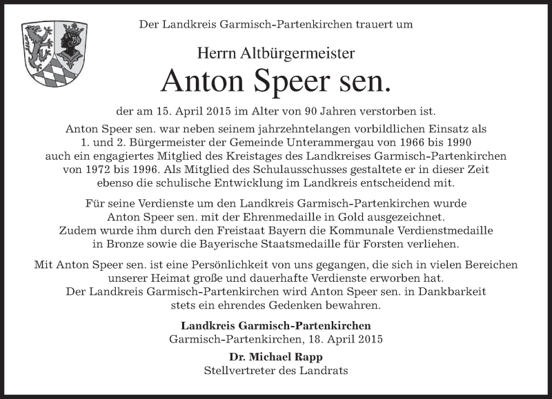  Traueranzeige für Anton Speer vom 18.04.2015 aus merkurtz